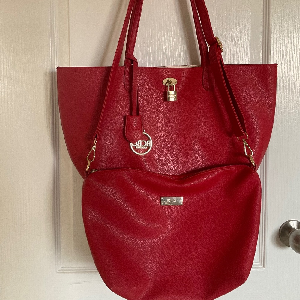 BCBG Paris large red pebbled tote with matching cross body bag